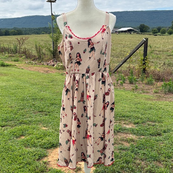 Sourpuss Beige and Red Pin-Up Midi Dress - Picture 2 of 9